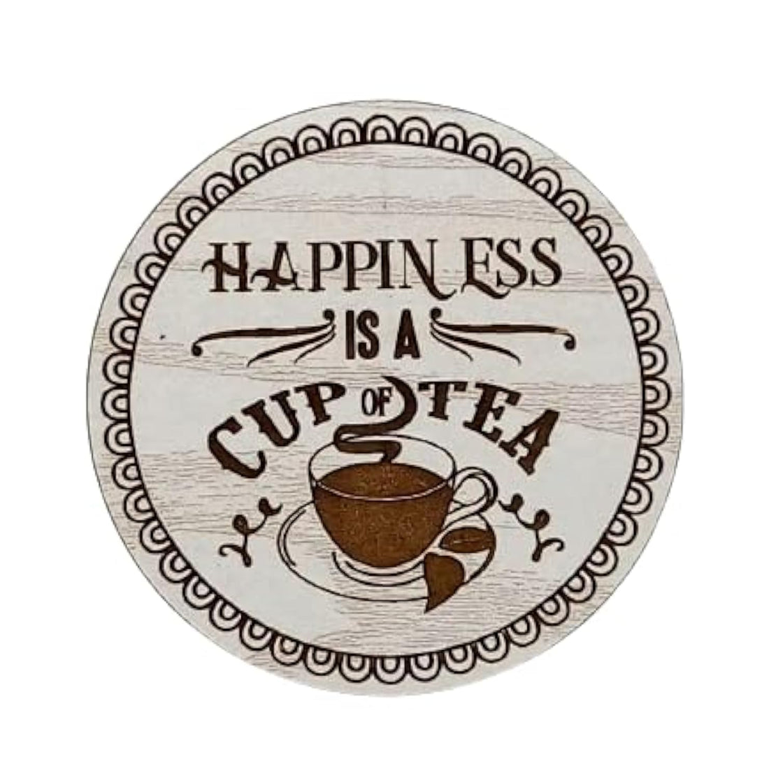 Sign & Design Wooden Round Coaster Engraved Happiness Quote 6 Mil Thick, 9.5 x 9.5 x 0.6 cm - Beige
