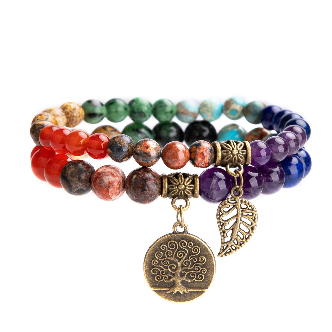 Farfume Natural Stone Chakra Bracelet – Women's Natural Beads Bracelet Set of 2 Bracelets with Tree of Life and Leaf Accessories, Moyen 18,5 cm, Bronze Metal Stone Crystal, Pearl, Tiger's Eye