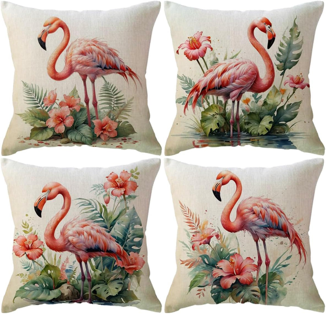 Flamingo Throw Pillow Cases with Hibiscus Floral Tropical Design Home Decorative Cushion Covers 18"x18" for Sofa Couch Porch (Pink/Green)