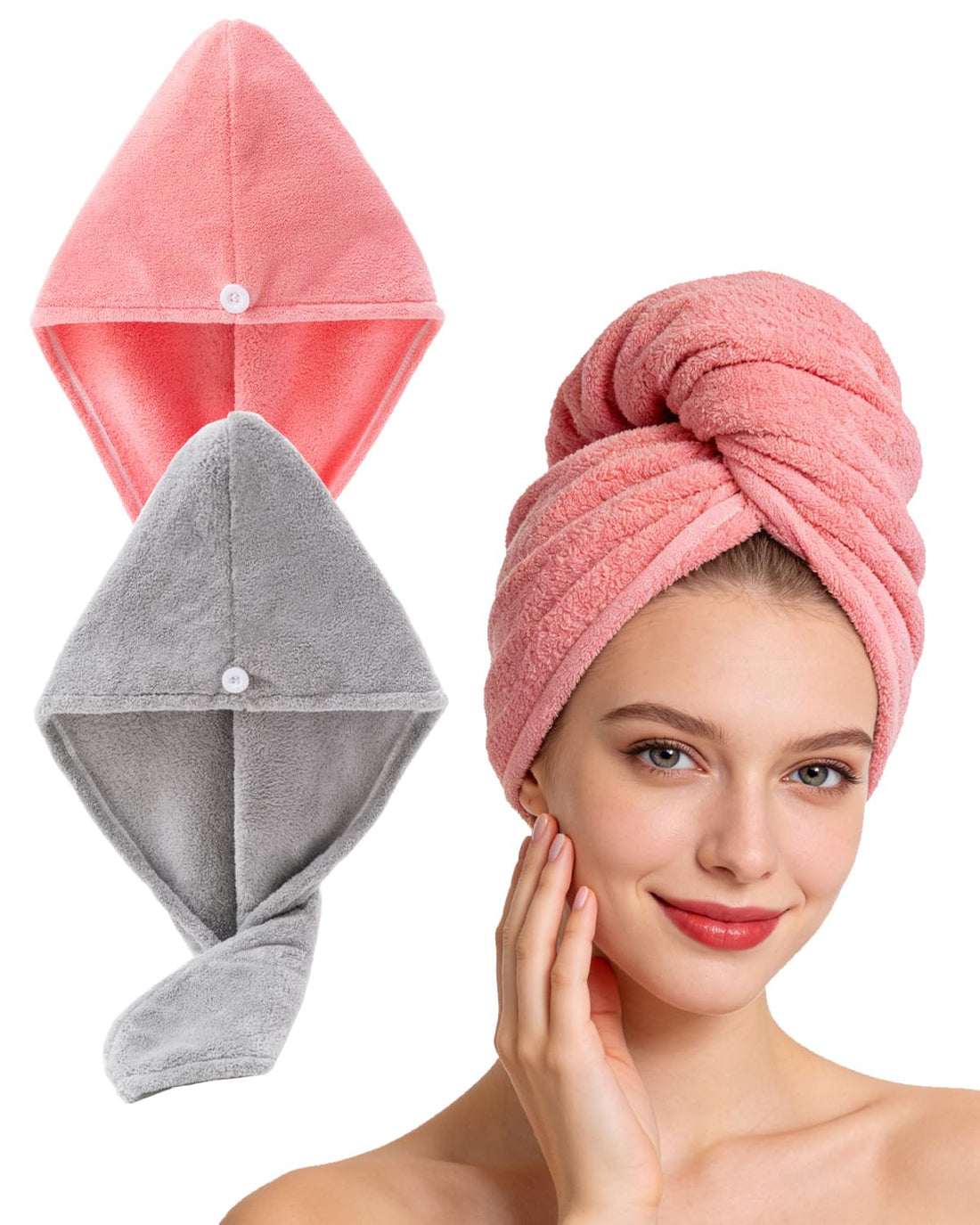Lumimi Set of 2 Hair Turban Head Towels Made of Microfibre, Extra Absorbent, Quick-Drying, Fluffy Button Closure, Pink / Grey