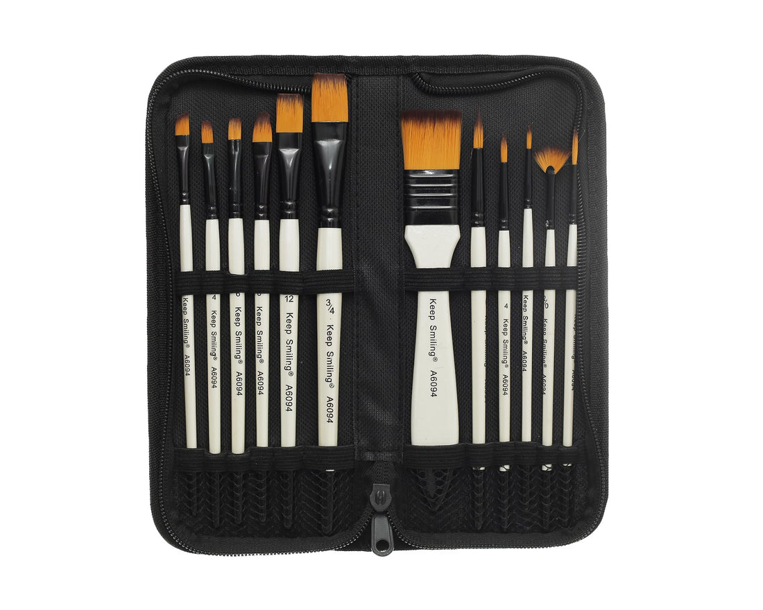 Keep Smiling KS-13 A6094 Painting Brush Set Bag Contains 12 Pieces Of Paint Brushes In Various Sizes, Made With Premium Material For Durability And Long-Lasting Use - Black White