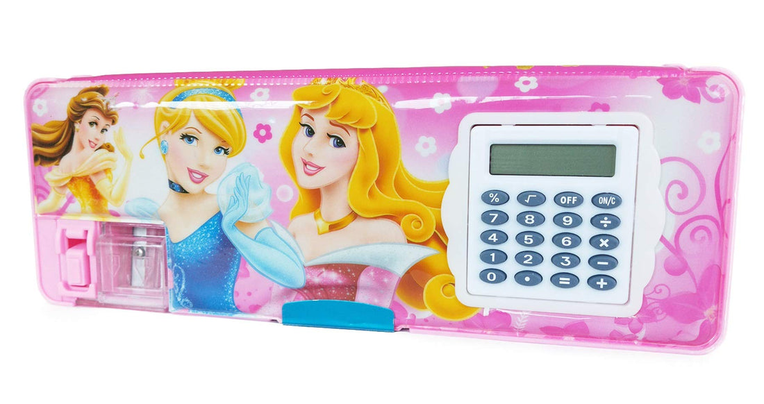 Boy's and Girl's Plastic Multipurpose Magnetic Big Size Cartoon Printed Case Pencil Box with Calculator and Dual Sharpener for School, Pencil (Princess Pink)