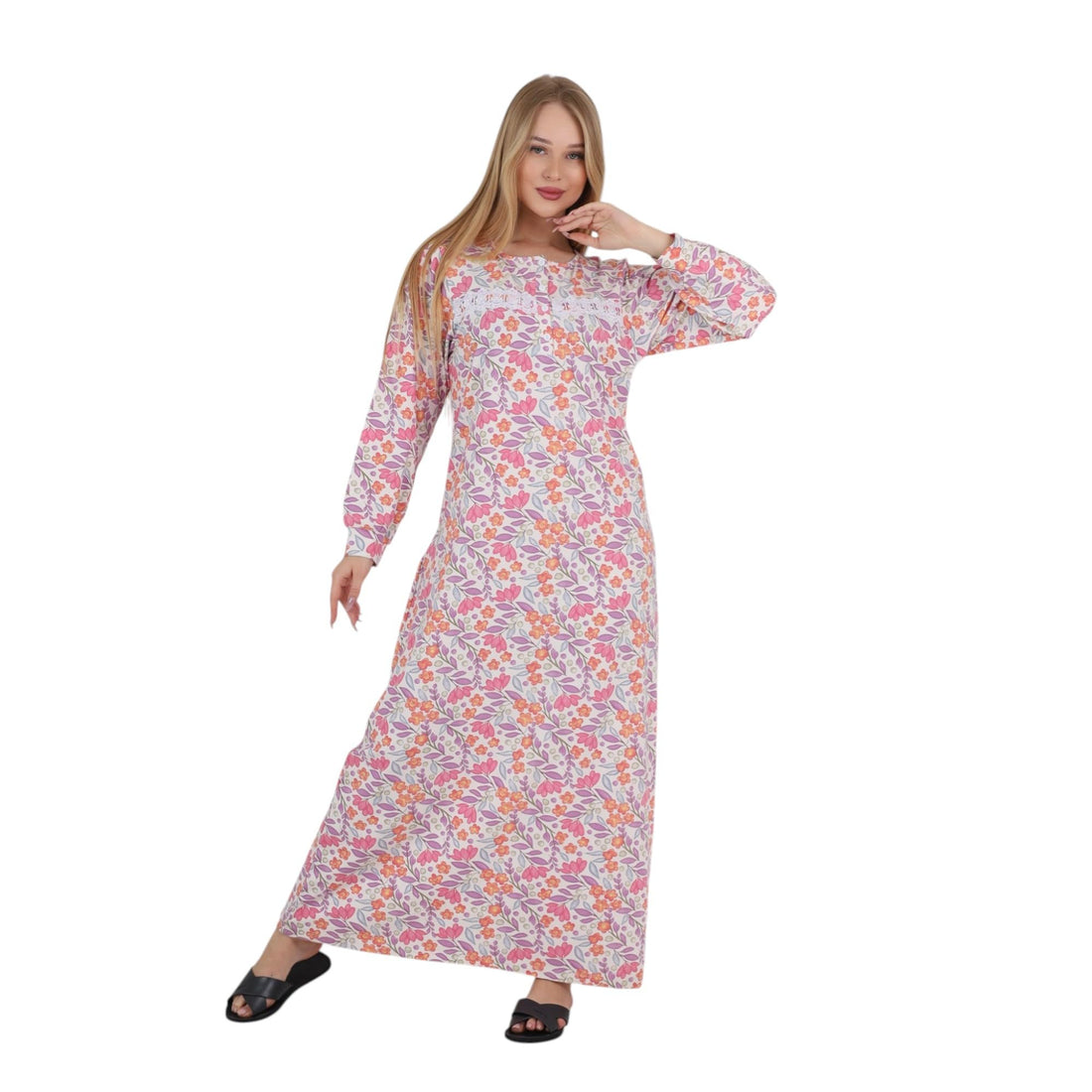 ZECOTEX Women's Egyptian Cotton Floral Maxi Nightgown | Soft Breathable Long Sleeve Sleep Dress M-6XL | Made in Egypt