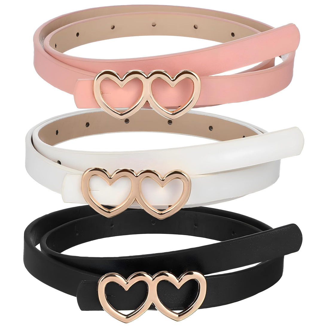Girls Waist Belts with Heart Buckles - Three versatile PU belts to elevate your look, perfect for adding structure and flair to dresses, skirts, and tops.