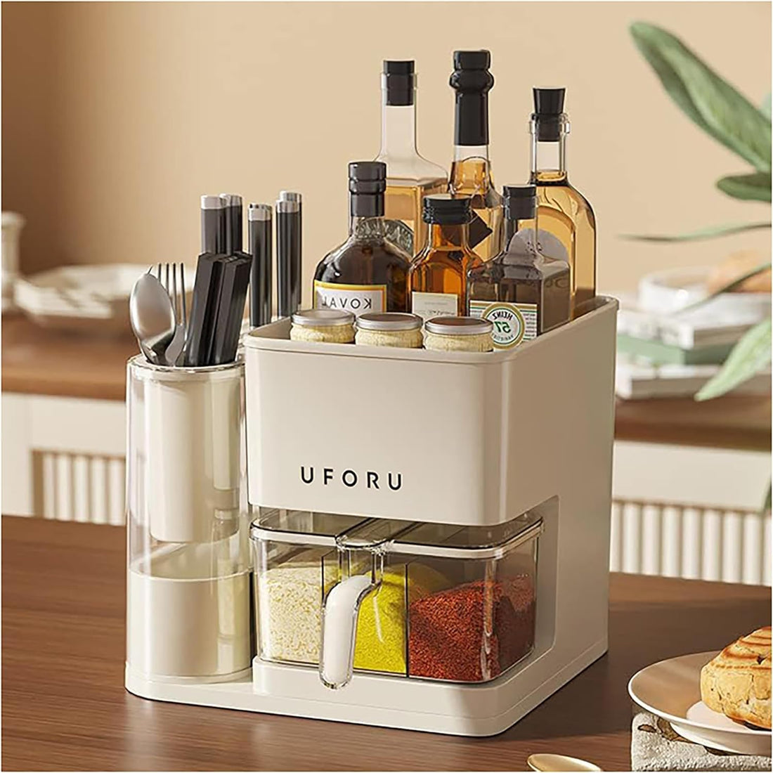 4-in-1 Kitchen Spice Rack Organizer – Multifunctional Countertop Storage Box with Utensil Holder, Knife Rack, Seasoning Jars, and Oil Bottle Compartment | Space-Saving Kitchen Shelf
