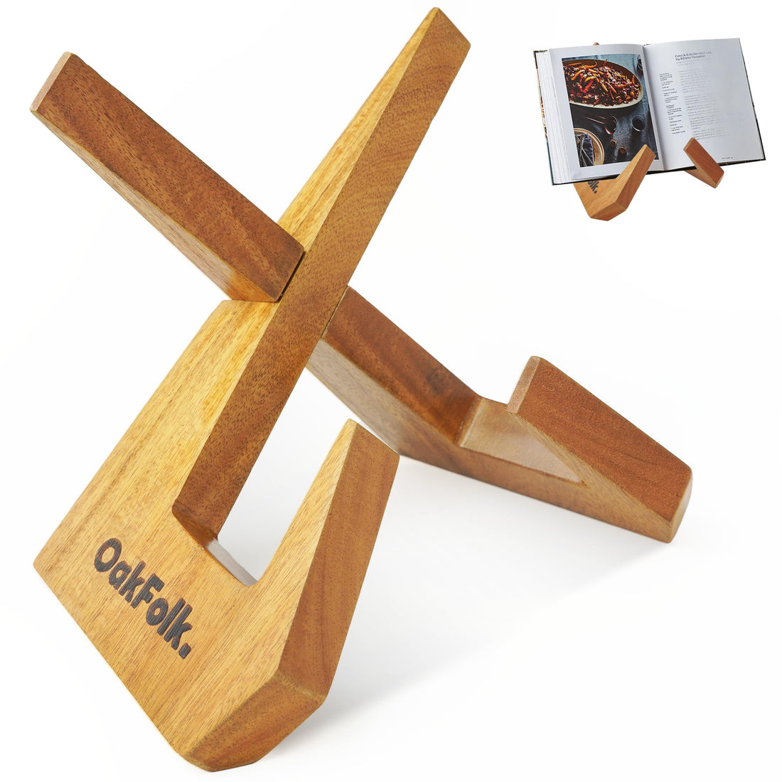 Cook Book Stand for Kitchen Counter - Recipe Cookbook Holder - Brown Acacia Wooden Book Stand