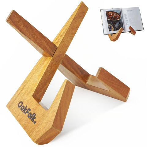 Cook Book Stand for Kitchen Counter - Recipe Cookbook Holder - Brown Acacia Wooden Book Stand