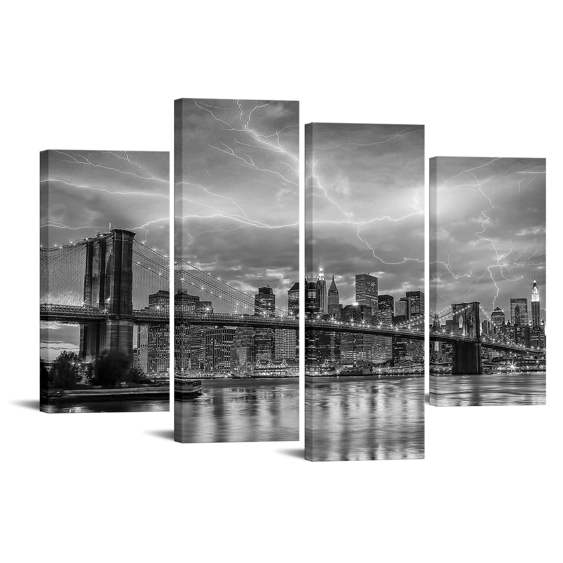 Nachic Wall 4 Piece Black and White City Wall Art Brooklyn Bridge at Lightning Storm Picture Canvas Print Modern Night View Skyline Artwork Framed for Home Office Living Room Decor Ready to Hang