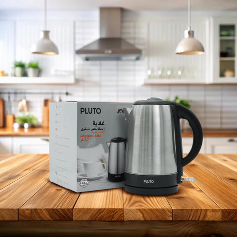 Pluto Stainless Steel Electric Kettle, 1.7 Liter, 2200 Watts, 360 Degree Rotational Base, Auto Shut-Off, Boil Dry Protection