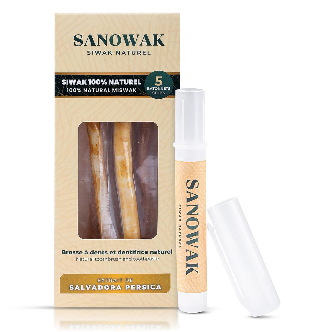 Miswak Stick / 100% Natural Siwak Sticks – 5 Organic Wooden Toothbrushes with Plastic Holder | Teeth Whitening & Oral Care | 100% Chewable & Antibacterial | Eco-Friendly & Vacuum Sealed