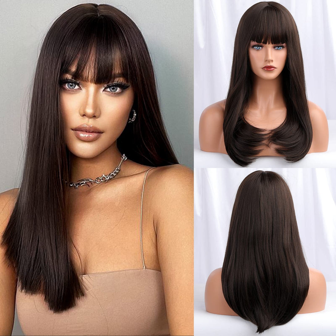 ECIF Wigs For Women Long Straight Layered Wigs With Bangs Wigs Natural Synthetic Heat Resistant Fiber (Black Tea)