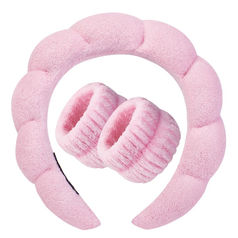 SAPOSTA Gifts for Mom Spa Headband Washing Face Women - Sponge Headbands for Girls Skincare Makeup Removal Bubble Soft Terry Towel Cloth Non Slip Thick Puffy Hair Accessories Wristband Set Mask(Pink)