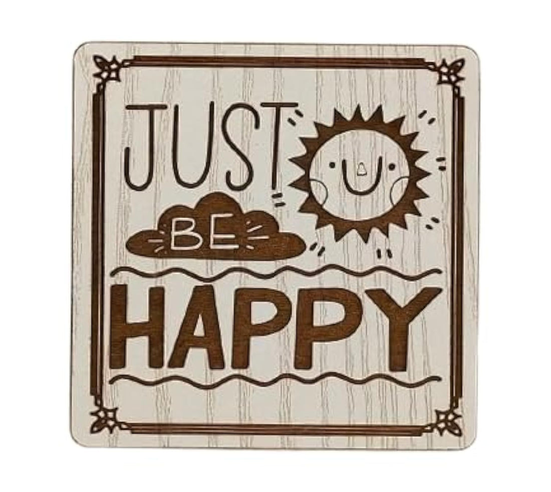 SIGN & DESIGN Wooden Square Coaster/Coaster.Engraved Happiness Quote 6 Mil Thickness 9.5 x 9.5 x 0.6 cm - Beige