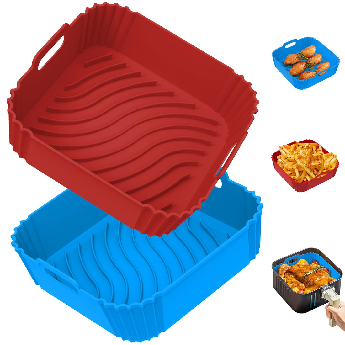 Redfly Silicone Air Fryer Liners 7.8 in, 2PCS Square Reusable Air Fryer Liner 4-6 QT, Replacement of Flammable Parchment Paper，Air Fryer Silicone Liners, Oven Air fryer Accessory Red&Blue