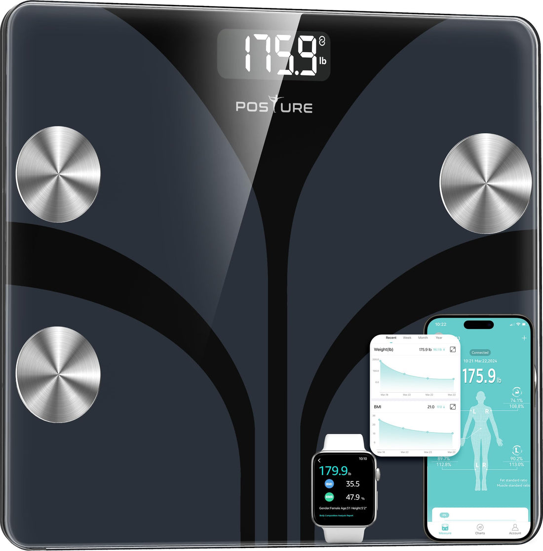 Posture Body Fat Scale, Bveiugn Smart Scale for Body Weight BMI Digital Bathroom Wireless Scales, Body Composition Analyzer with Health Monitor Sync Apps, 400 lbs - Black