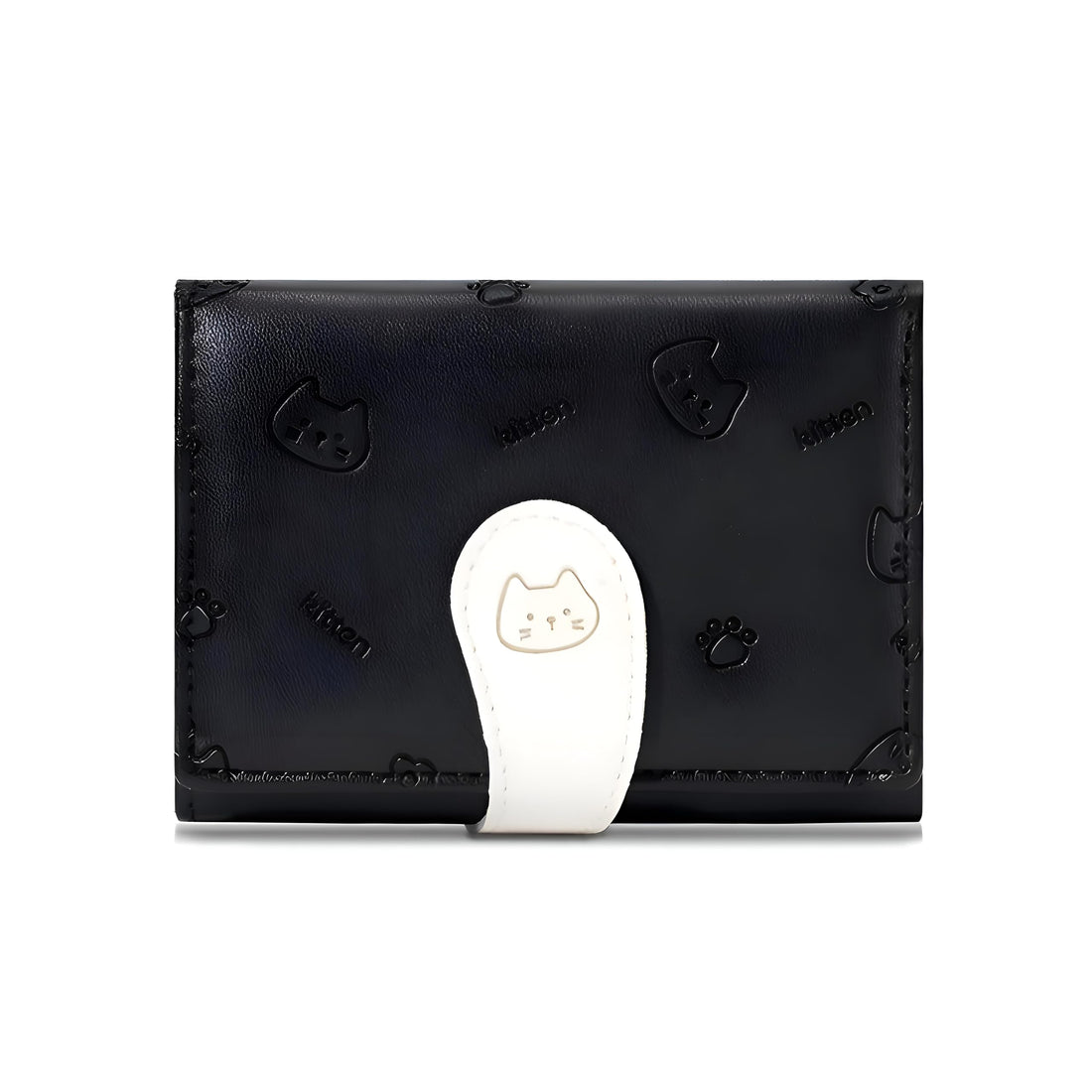 Cute Cat Wallet - Embossed kitten design with paw print pattern, compact bifold style featuring secure snap closure for effortless daily carry. (black)