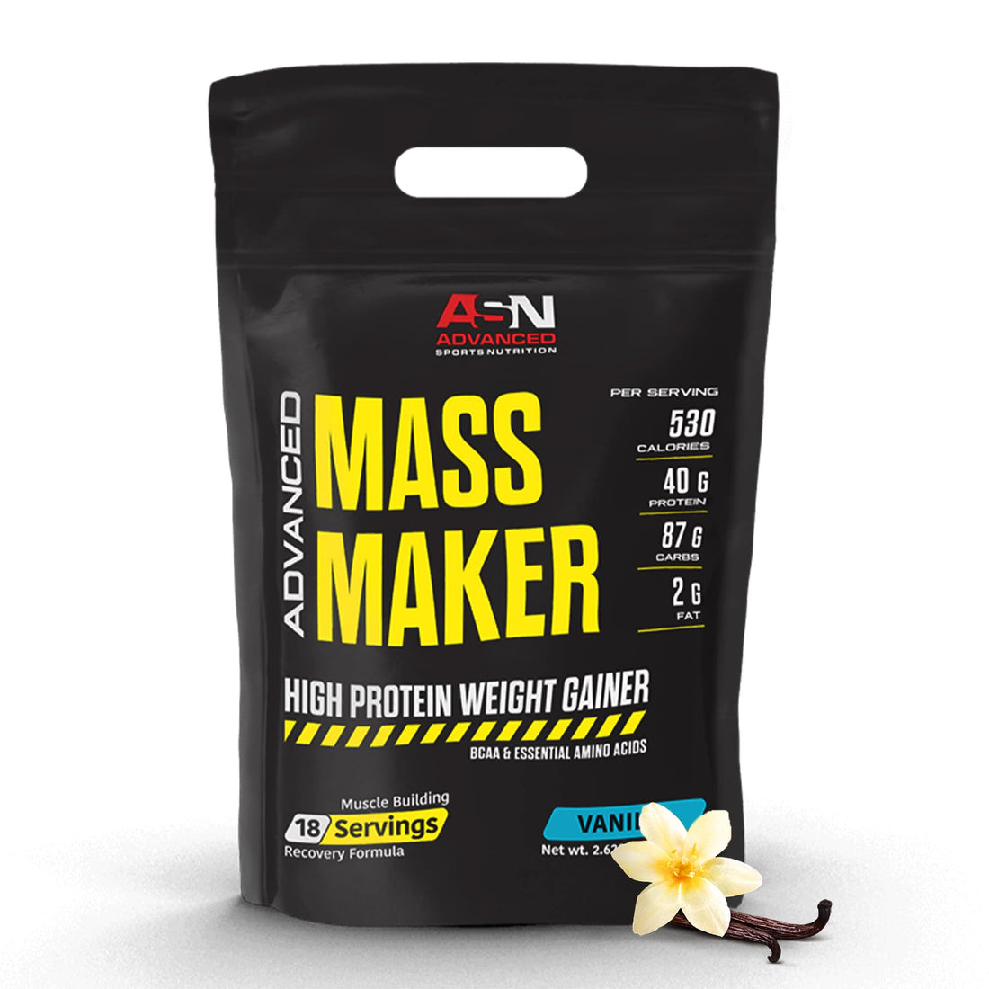 Advanced sports nutrition (asn) | advanced mass maker | vanilla | 18 servings | 40g protein | high protein weight gainer | bcaa | muscle building | recovery formula | quick absorbing | 530 calories