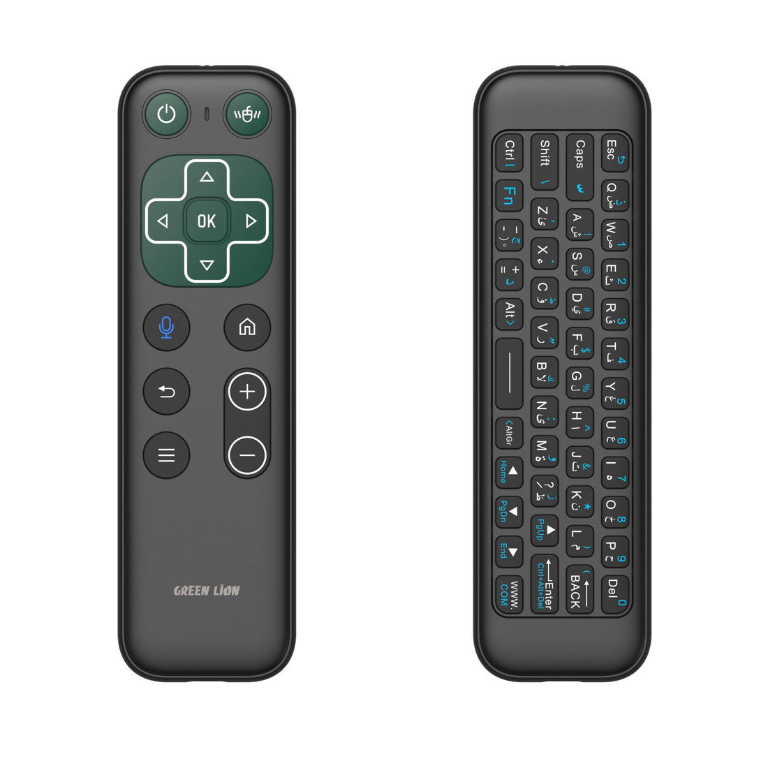 Green Lion Rechargeable Wireless Remote Keyboard (EN/AR) & Mouse, 58 Control Keys, Voice Assistant, Compatible With, Phone & Pad OTG, Smart TV, Projector, Computer, MacOS/Andriod/Windows/Linux/TV