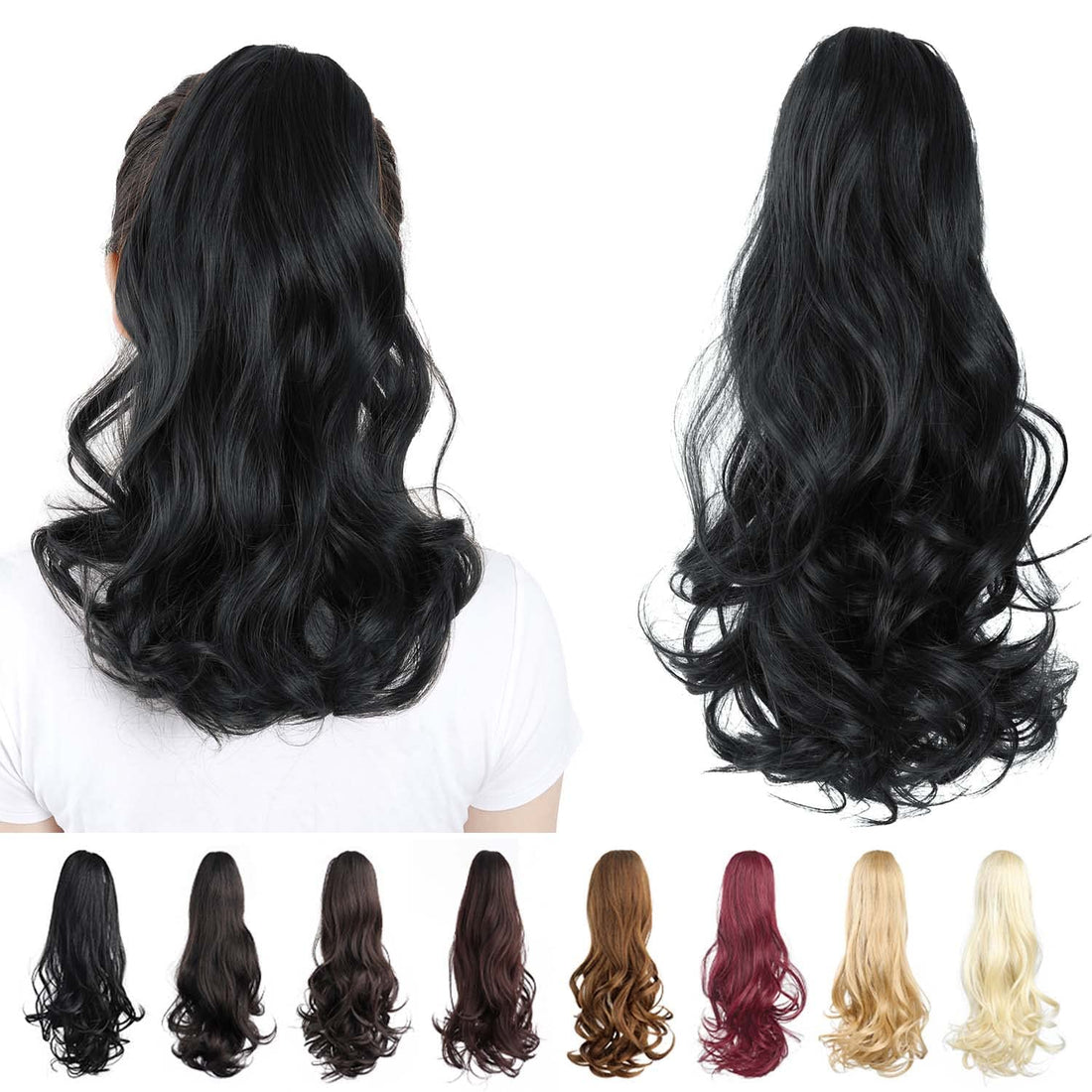 Ponytail Hair Extensions,40cm to 46cm - Claw Clip Ponytails Extension for Women Curly Hair Piece Synthetic Pony Tail Wig Wavy Halloween Fluffy Hairpiece Daily Use120 gm -1B-01 black