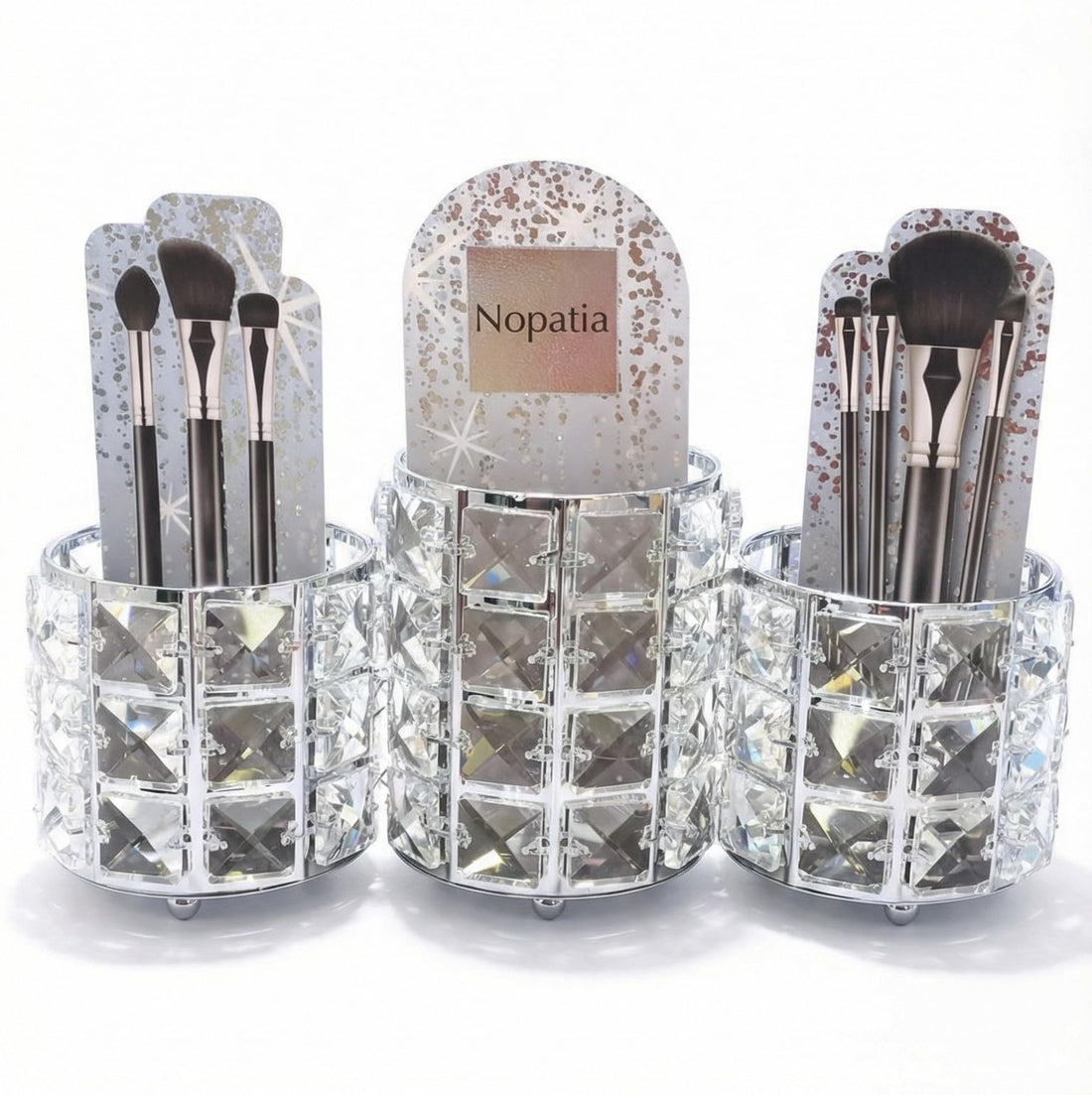 Nopatia Crystal Makeup Brush Organizer Luxury 3 Compartment Hexagon Cosmetic Holder - Elegant Vanity Vanity Decor and Pen Organizer (Silver)