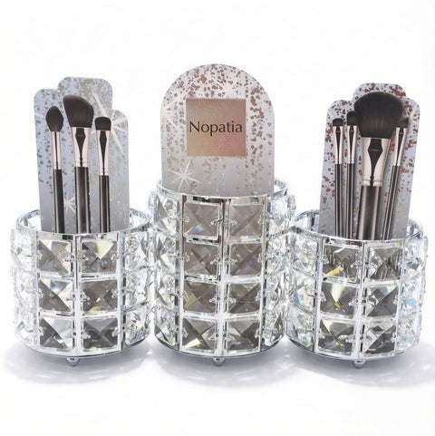 Nopatia Crystal Makeup Brush Organizer Luxury 3 Compartment Hexagon Cosmetic Holder - Elegant Vanity Vanity Decor and Pen Organizer (Silver)