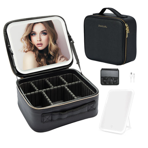 ZhenGuiRu Travel Makeup Train Case with Lighted Mirror, Makeup Bag 3 Color Setting Cosmetic Case Organizer Adjustable Brightness Portable Makeup Storage Box For Makeup Brushes Accessories Tools