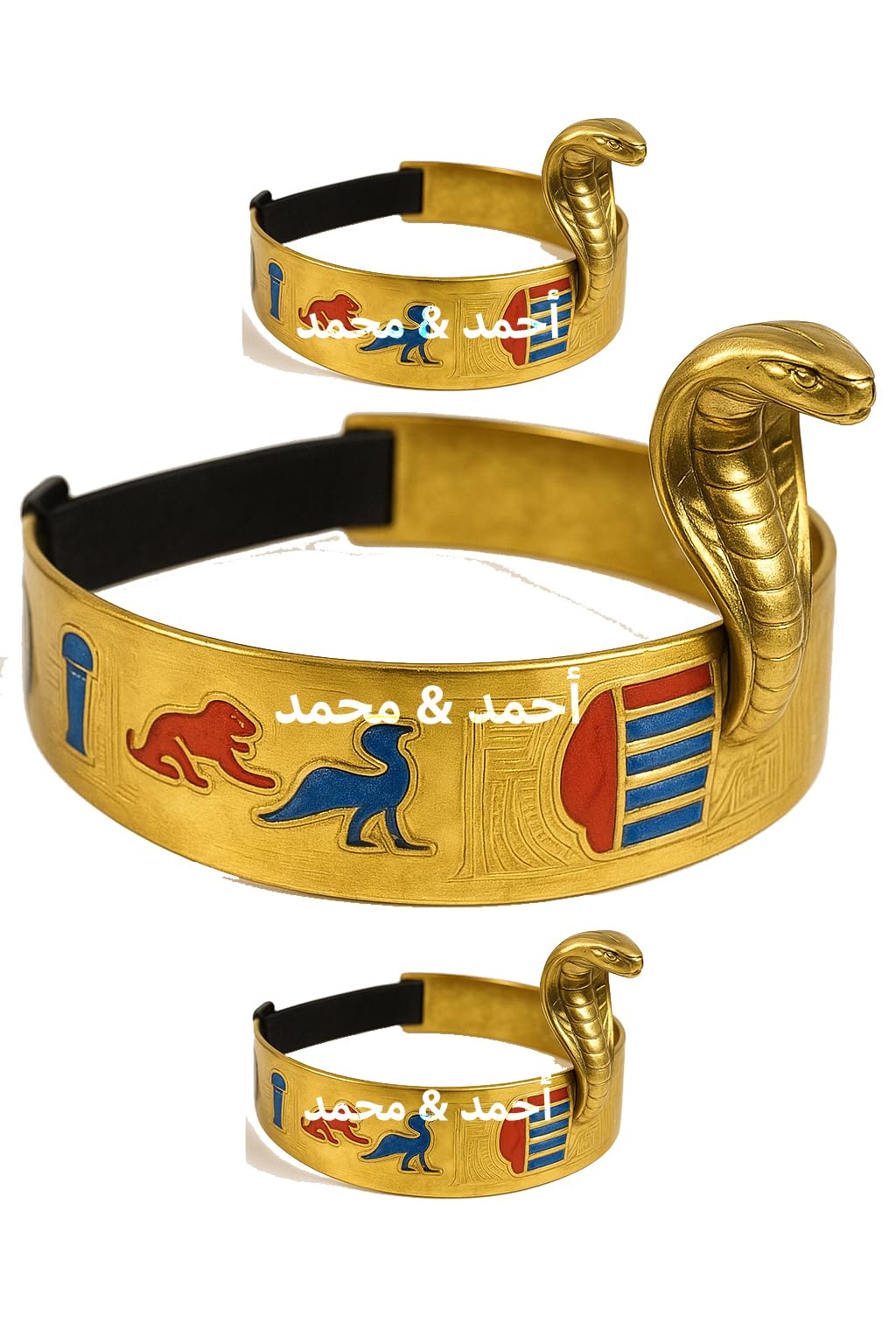 Ahmed & Muhammad Pharaoh Gold Pharaoh Crown with Fine Detail and 3D Cobra Head, Symbol of Power and Protection, Pair of Gold Cuff Bracelets with Pharaonic Civilization