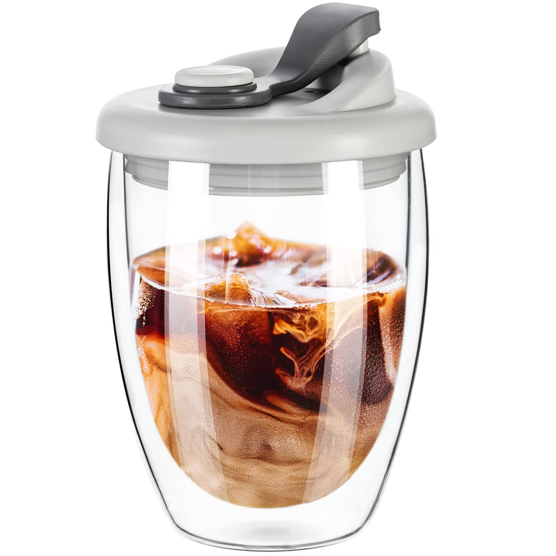 Double Wall Glass Coffee Mug with Silicone Lid - 12oz Insulated Cup for Hot and Cold Drinks - High Borosilicate Glass Double Walled Cup for Travel and Home Use