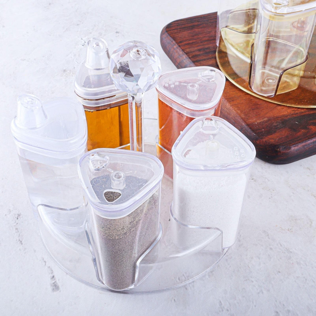 Generic 5-in-1 Salt and Pepper Shaker Set with Clear Acrylic Holder, 3 Salt Shakers and 2 Oil Vinegar Dispensers, .nin