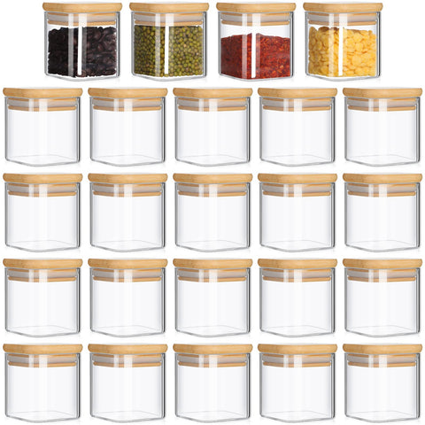 Nuenen Set of 24 Airtight Square Spice Containers 4 oz Glass Spice Jars with Bamboo Lid Small Seasoning Jars Empty Food Storage Containers for Pantry Clear Food Jars Canisters for Kitchen Sugar Coffee