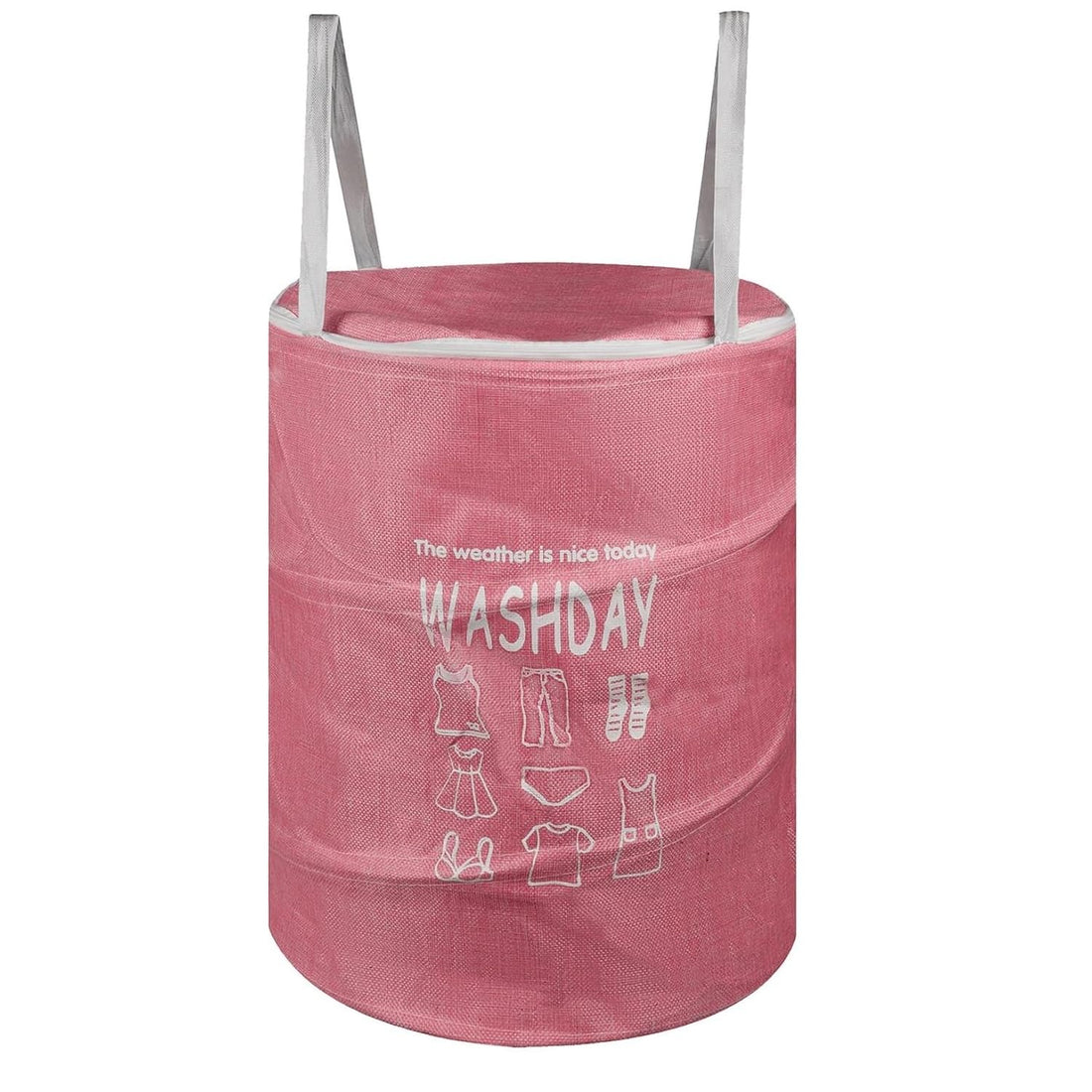 45L Round Canvas Laundry Hamper, Foldable Waterproof Storage Basket with Rustproof Plastic Zipper Lid, Ideal for Clothes, Toys, Space Organization (Pink)
