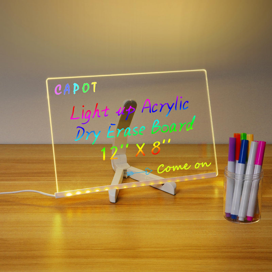 CAPOT Acrylic Dry Erase Board/Luminous Acrylic Board for Office/School or Home Desktop as a Note Board/Message Board/LED Letter Message Boards/Desktop Whiteboard with 7 Color Pen