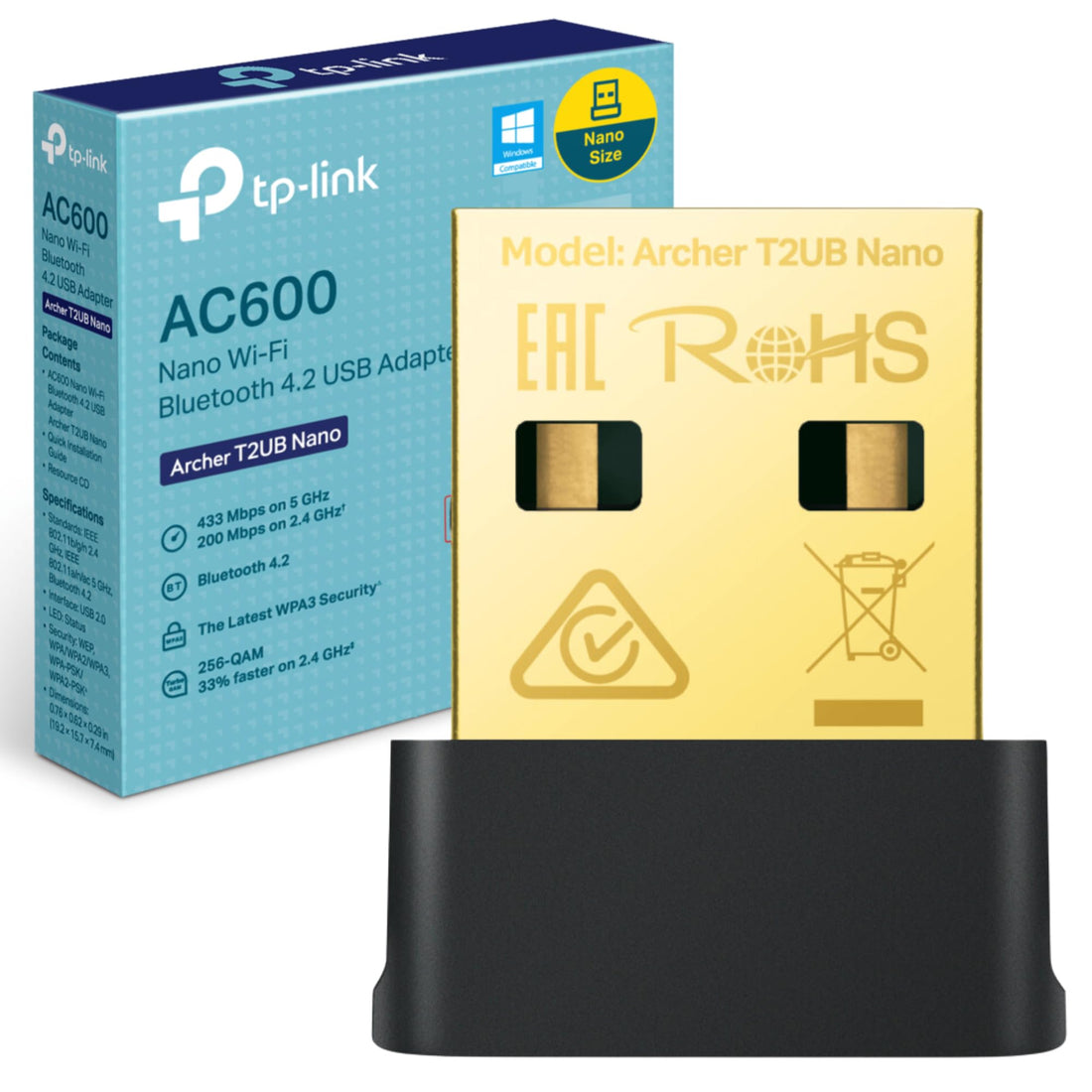 TP-Link AC600 Nano Wi-Fi Bluetooth 4.2 USB Adapter, Dual Band Wireless, Supports Windows 11/10/8.1/8/7 for Wi-Fi, Windows 11/10/8.1/7 for Bluetooth, WPA3 Security, Plug and Play (Archer T2UB Nano)