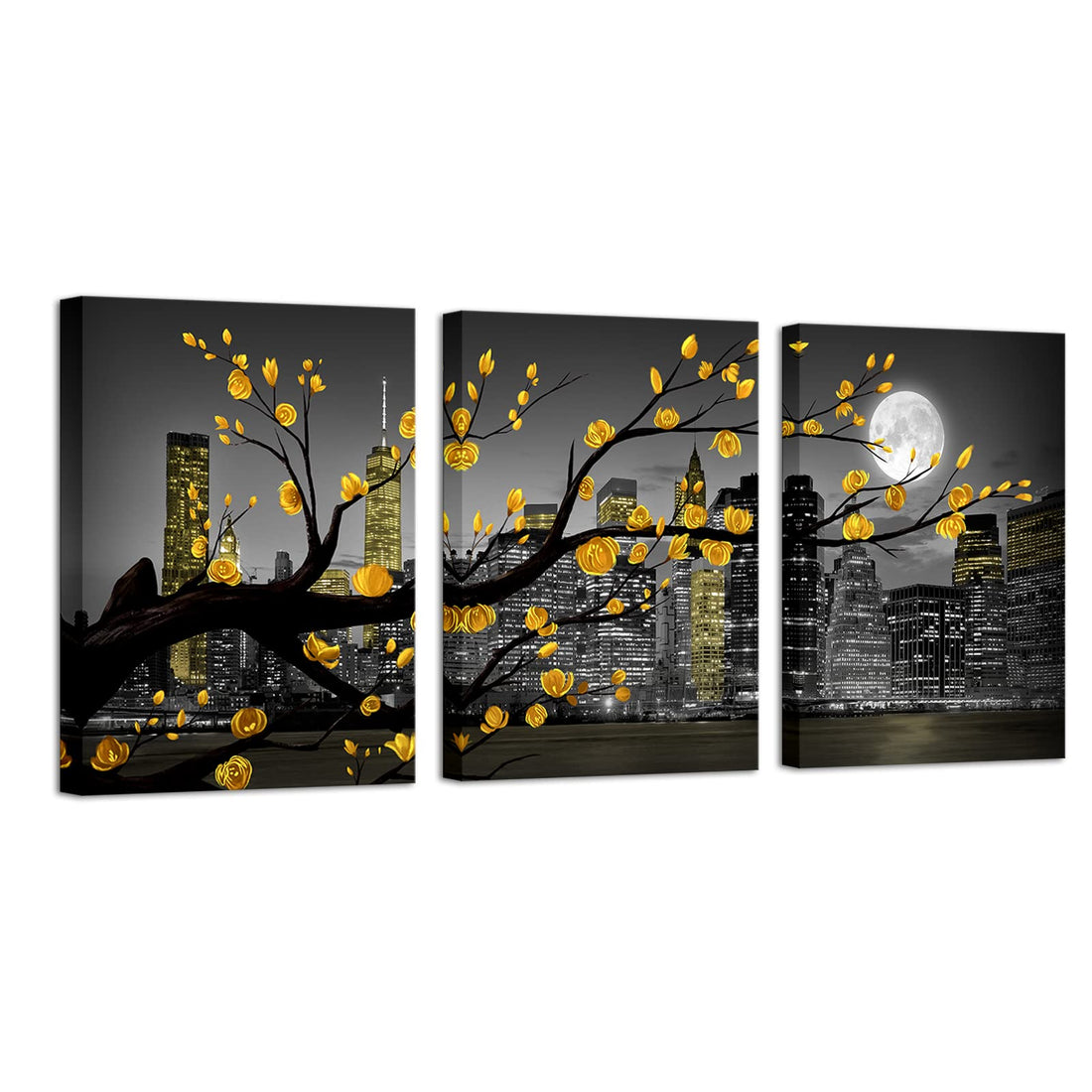 HOMEOART New York City Wall Art Yellow Grey Flower Painting Floral Picture Black White Cityscape Canvas Prints Framed Artwork Living Room Bedroom Decoration 12"x16"x3 Pieces