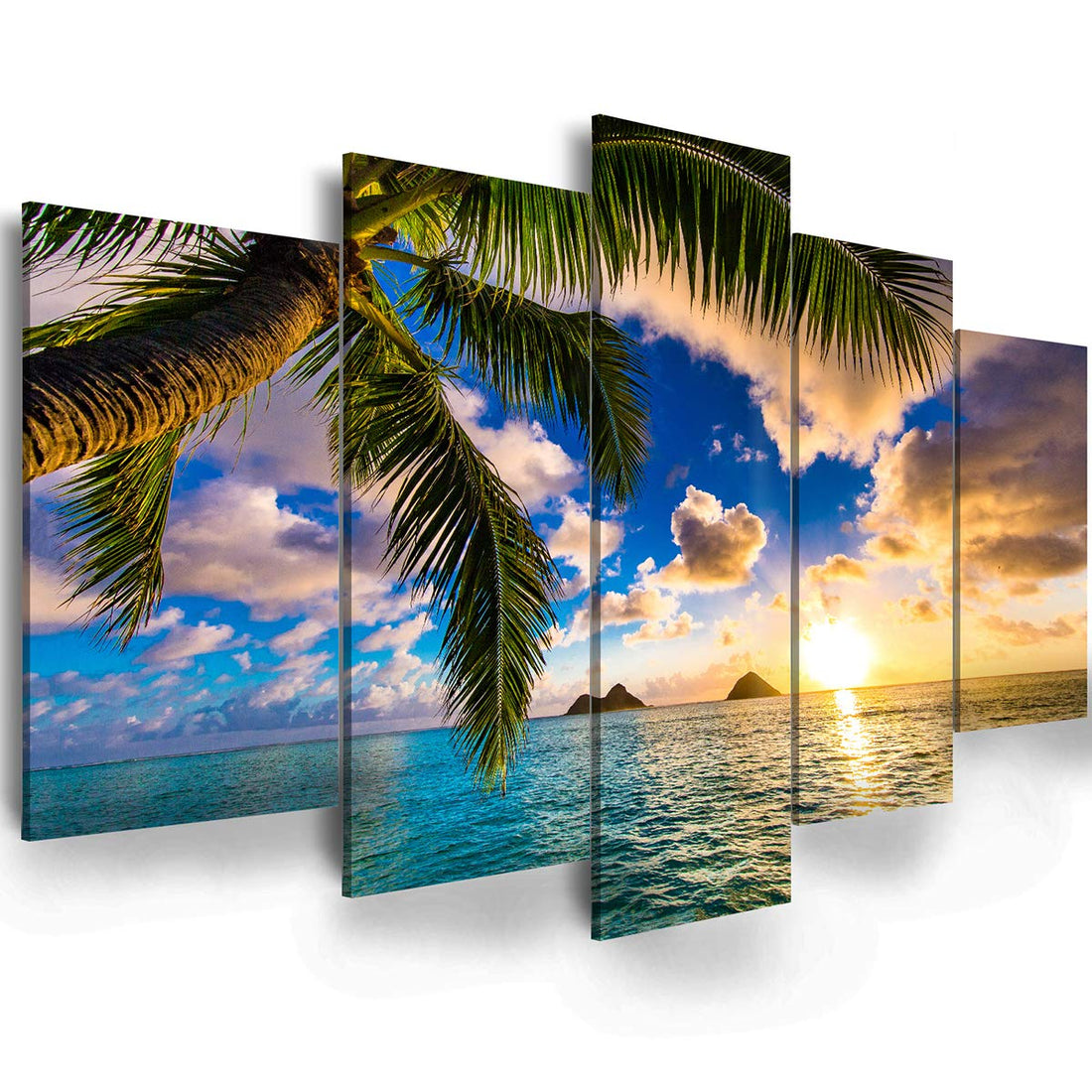 EPHANY Modern 5 Piece Framed Giclee Canvas Prints - Art - Blue Beach Landscape Blue Paintings on Canvas Wall Art Wall Art Canvas Print Frame Picture Painting for Room Home Decorations (B-5pcs,40"x20")