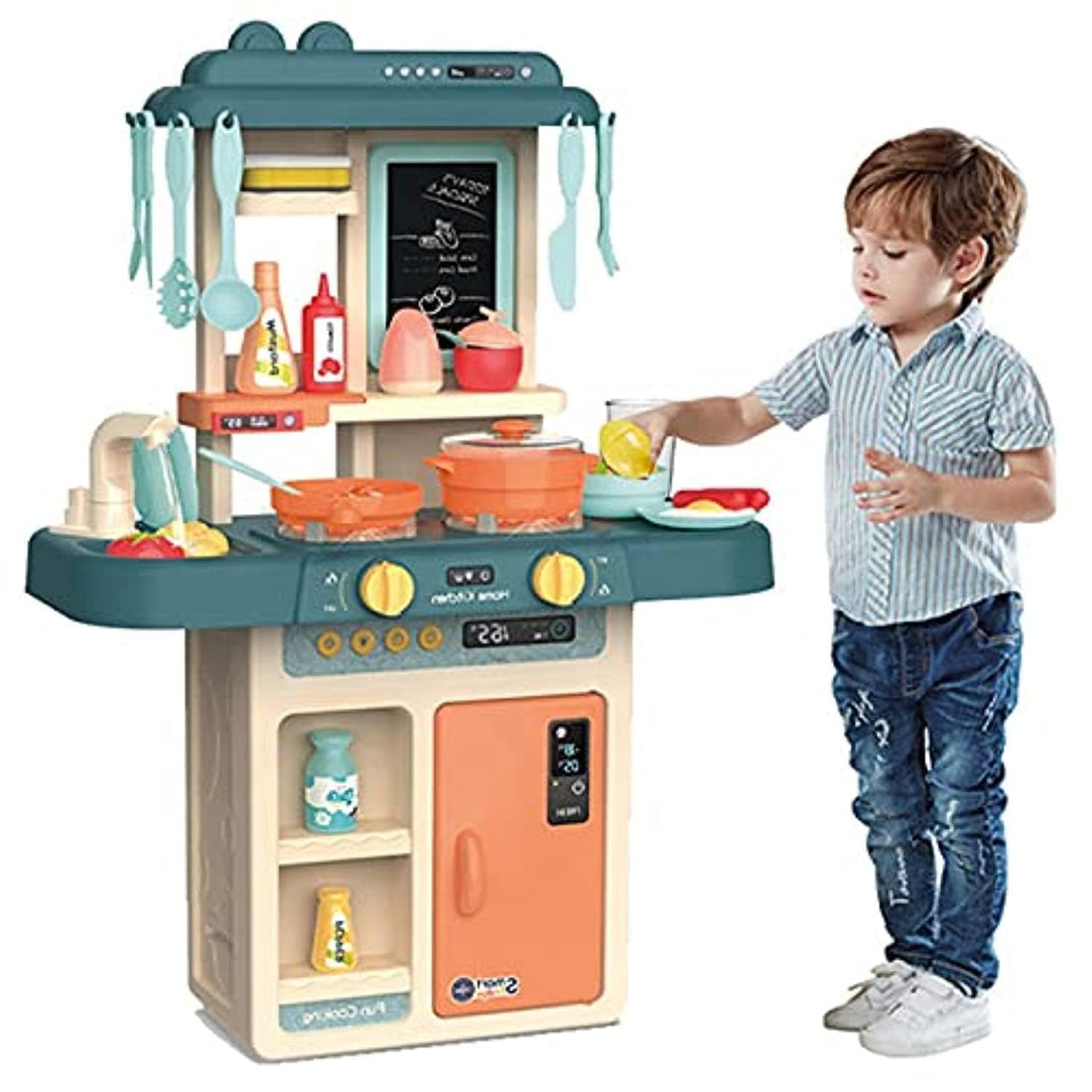 Lenosed Kids Play Kitchen - 42Pcs Simulation Toy Cooking Set With Spray Water Tableware, Fruit Vegetable Tea Playset for Early Age Development Educational Pretend Play - Blue