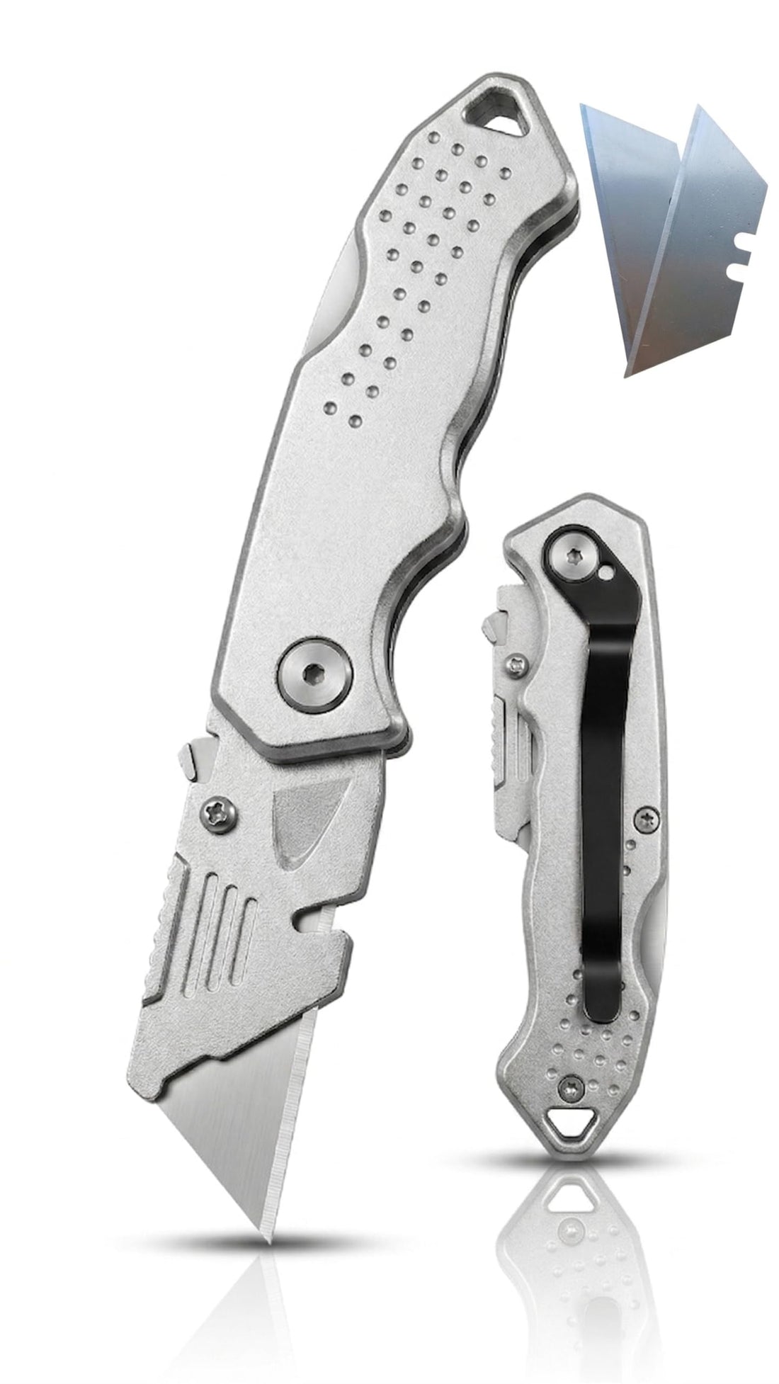 Professional Metal Folding Cutter for DIY and Carton, Heavy Duty Cutter with Belt Clip and 2 Spare Spare Blades - Silver