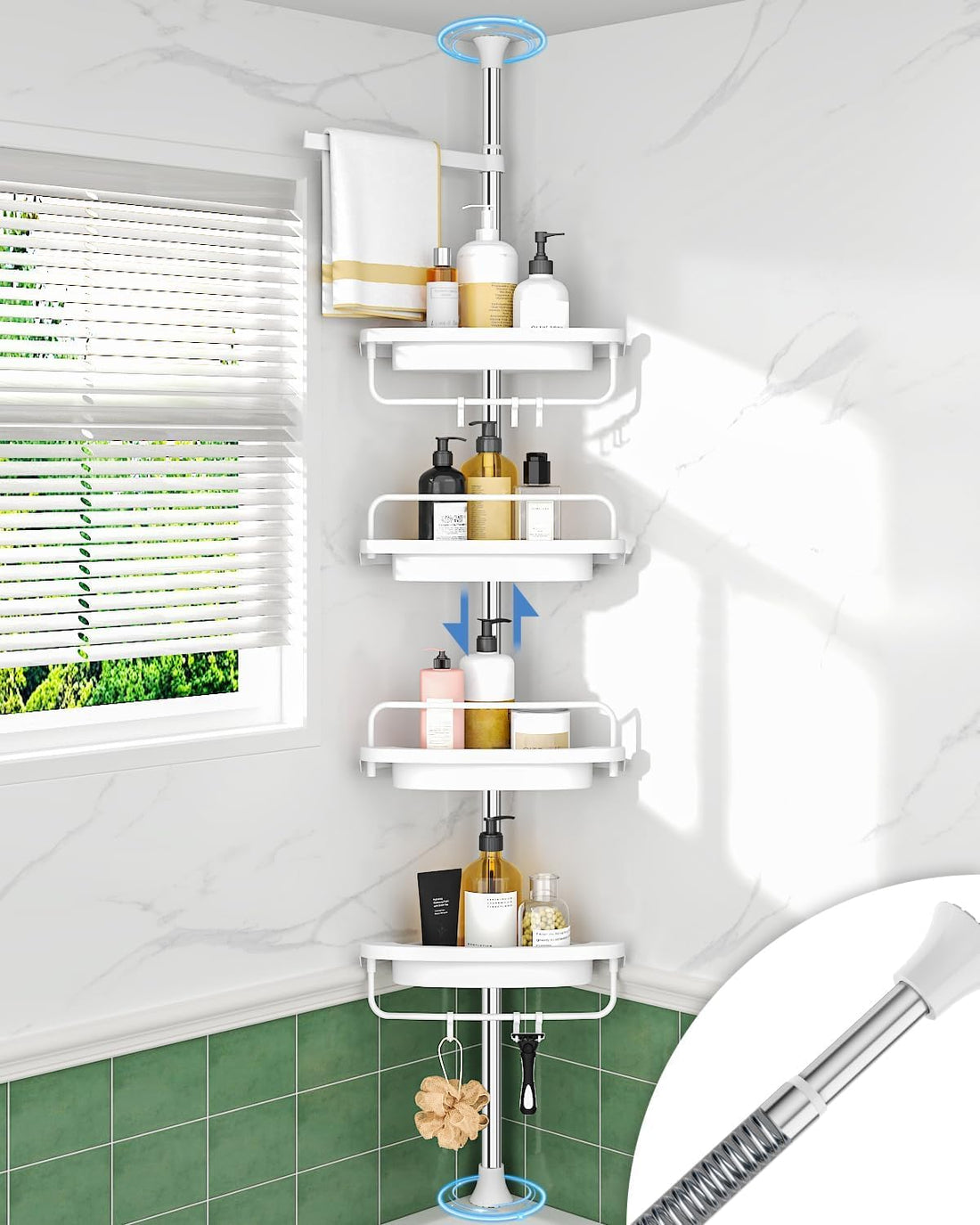 Corner Shower Shelves Bathroom and Kitchen Organizer 4 Layers Adjustable Height 85cm to 320cm Rustproof 304 Stainless Steel with Pressure Pole