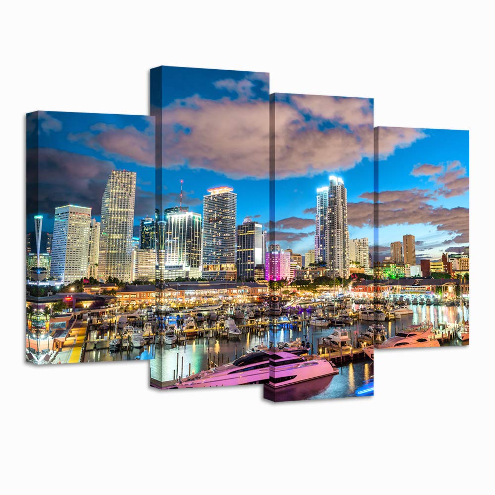 Nachic Wall 4 Pieces City Canvas Wall Art Miami Night Skyline Picture Canvas Print Florida Cityscape Poster Painting Canvas Modern Living Room Bedroom Decor Framed Ready to Hang