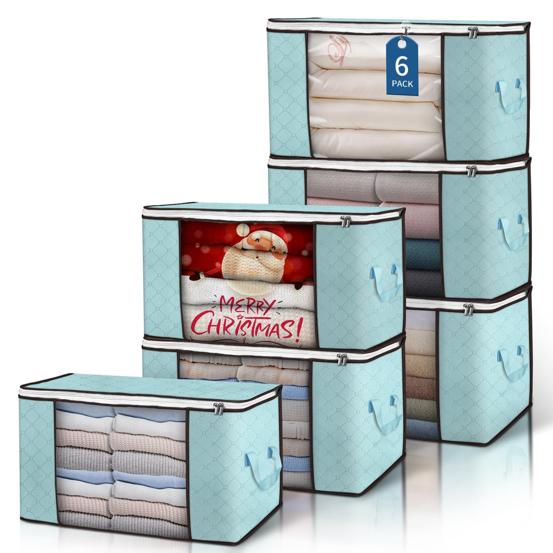90L Large Storage Bags, 6 Pack Clothes Storage Bins Foldable Closet Organizer Storage Containers with Durable Handles Storage and Organization, Blanket, Comforters, Bed Sheets, Pillows and Toys (Blue)