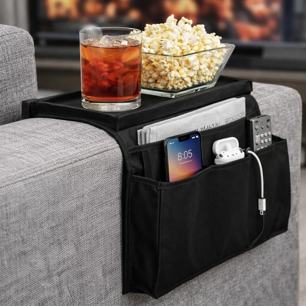 6 Pocket Remote Control Organizer Sofa Armrest Hanging Storage Caddy Folding Table Slipcover Desk Chair Holder Magazine Snack Phone Cup Pen Tray Home Living Space Solution