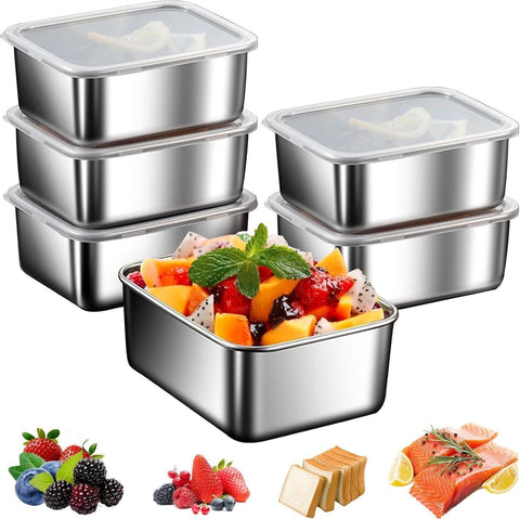 6 Pack Food Storage Containers 650ml, Azonee Stainless Steel Bento Box with Transparent Lid, Airtight & Stackable Lunch Organizer for Meal Prep, Fruits, Snacks, Office & Travel Use