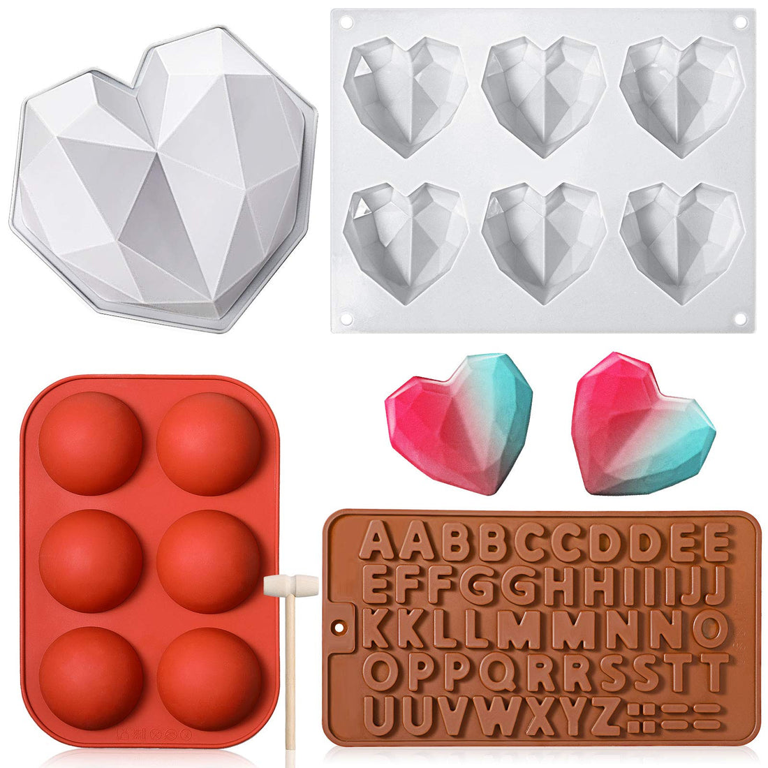 5 Pieces Valentine's Day Diamond Heart Mould Letter Silicone Mould Semi Sphere Silicone Mould 6 Cavities Heart Shaped Mould and Wooden Hammer Chocolate Moulds for Making Hot Chocolate, Cake, Jelly