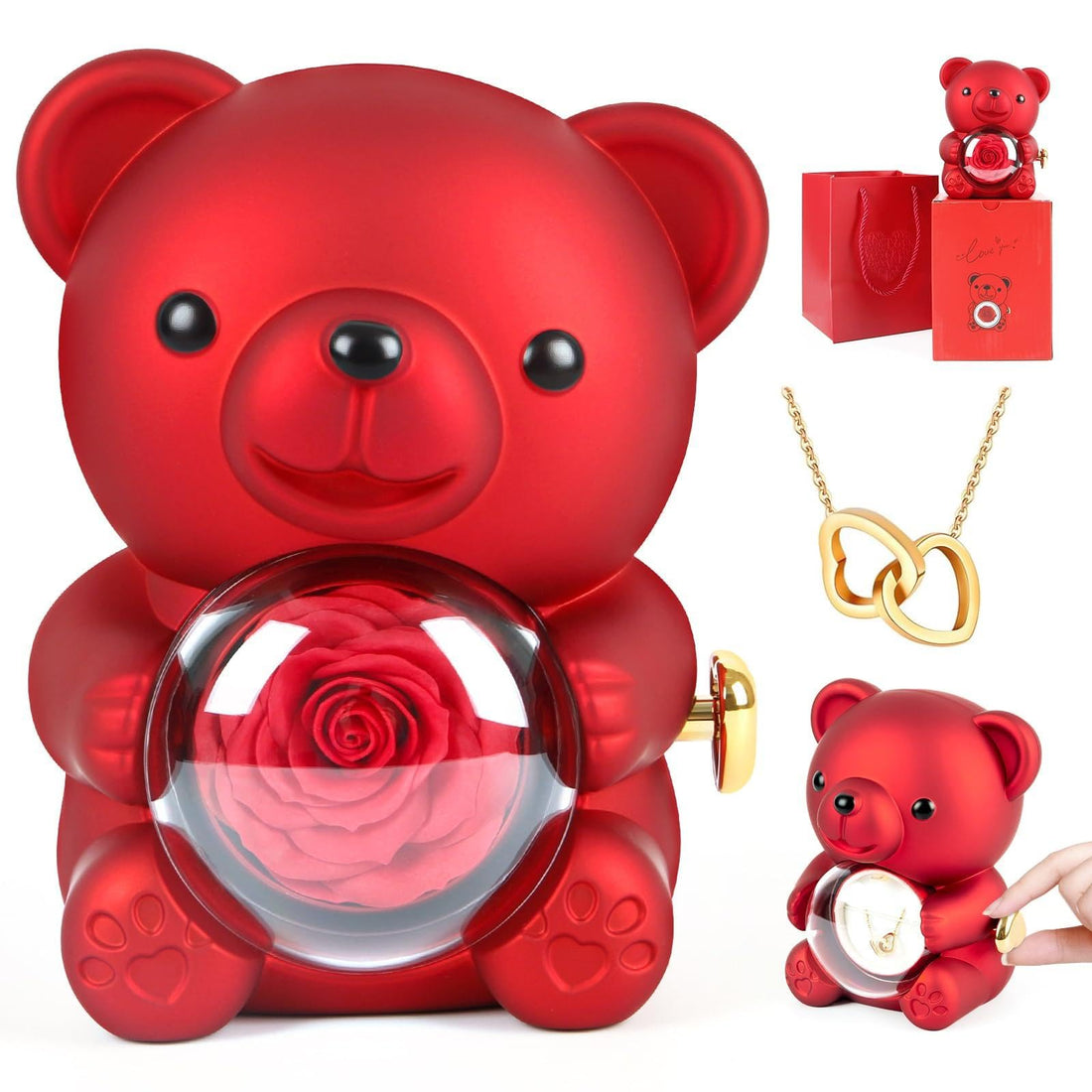 Luxury Love Teddy Bear An elegant teddy bear in brightmetallic red color. He carries in his heart an eternal red rose, inside which hides a charming surprise - a luxurious necklace or a diamond ring h