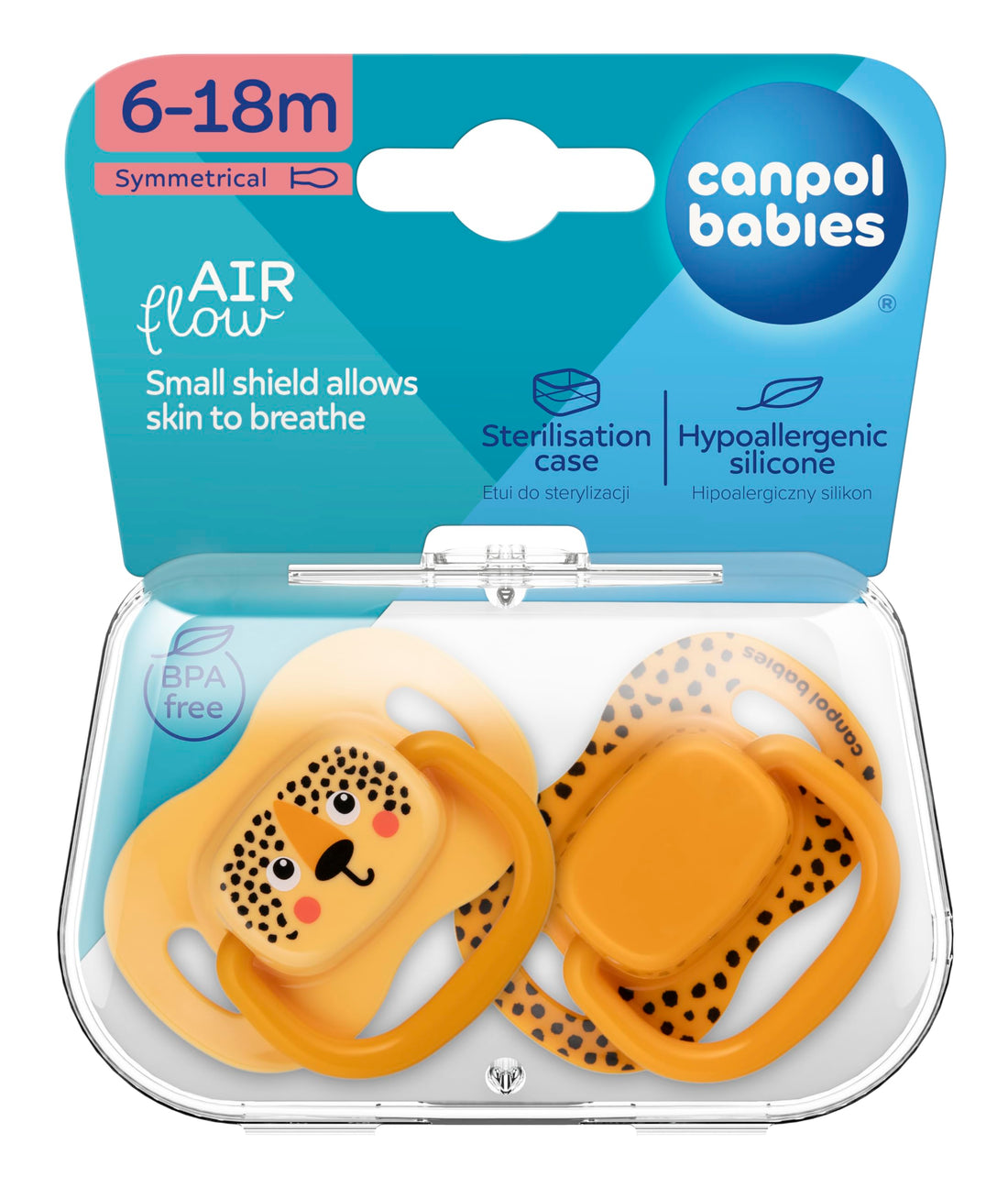 Canpol babies Pacifier Air Flow- silicone 6-18m symmetrical-with microwave sterilizing container- BabiesBoo 2 pcs. -orange