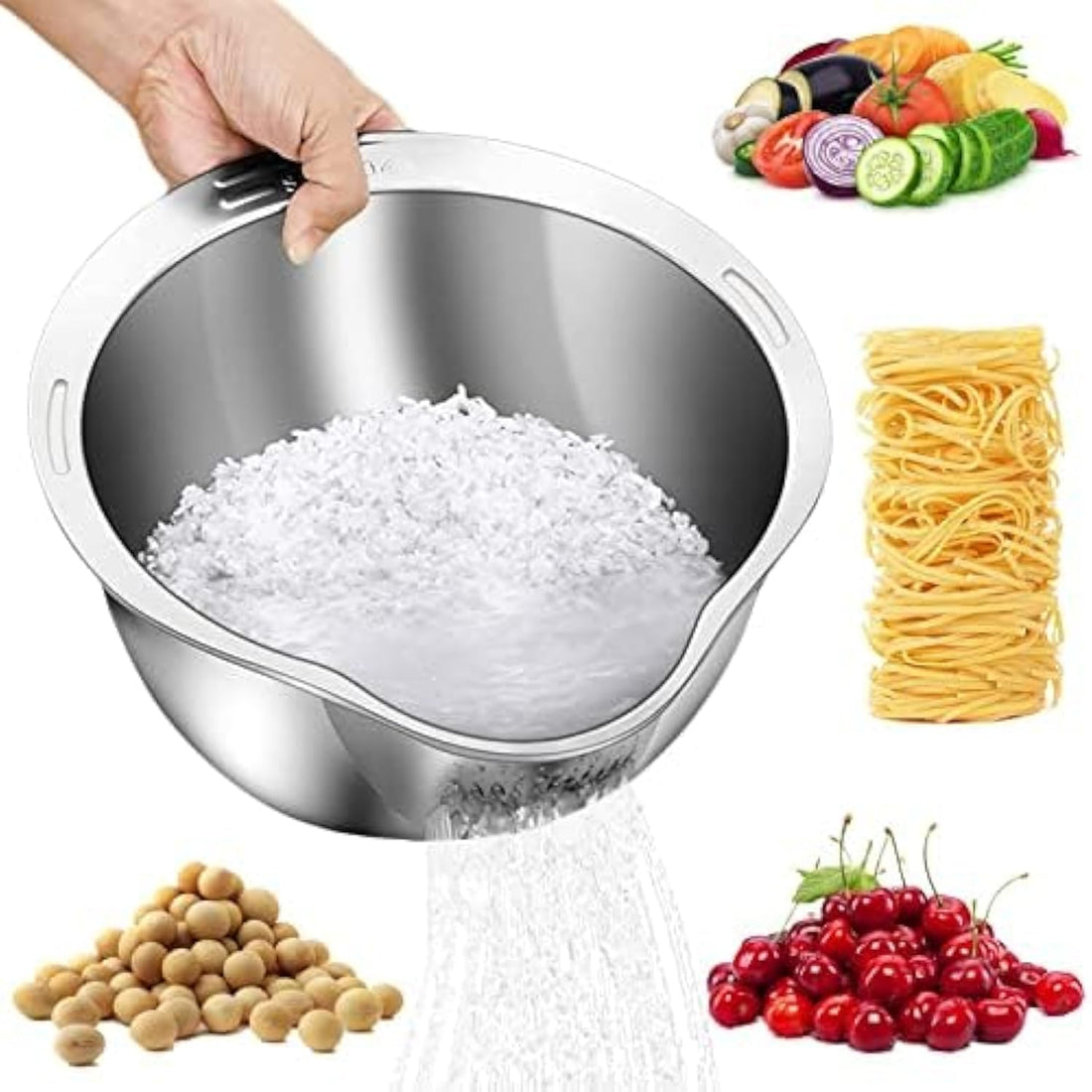 Lonimia Rice Washing Bowl with Strainer, Stainless Steel Side Drainers, Colander Strainer for Fruits and Vegetables, Multipurpose 4-in-1 Colander, Ideal for Cleaning Beans, Vegetables, and Fruits