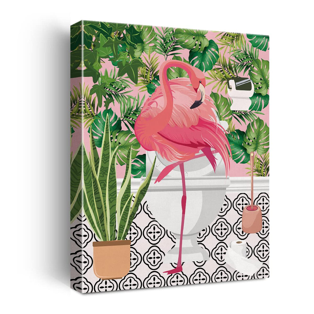 NISTOMISU Pink Flamingo on Toilet Bathroom Canvas Print Wall Decor Botanical Flamingo Art Sign 11.5"x15"