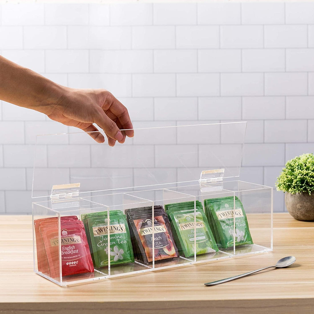 BEST MEDIA Clear Acrylic Tea Bag Organizer with Hinged Lid, 35 x 10 x 8 cm Storage Caddy with 5 Compartments, Countertop Box for Assorted Teas Condiments and Sugar Packets