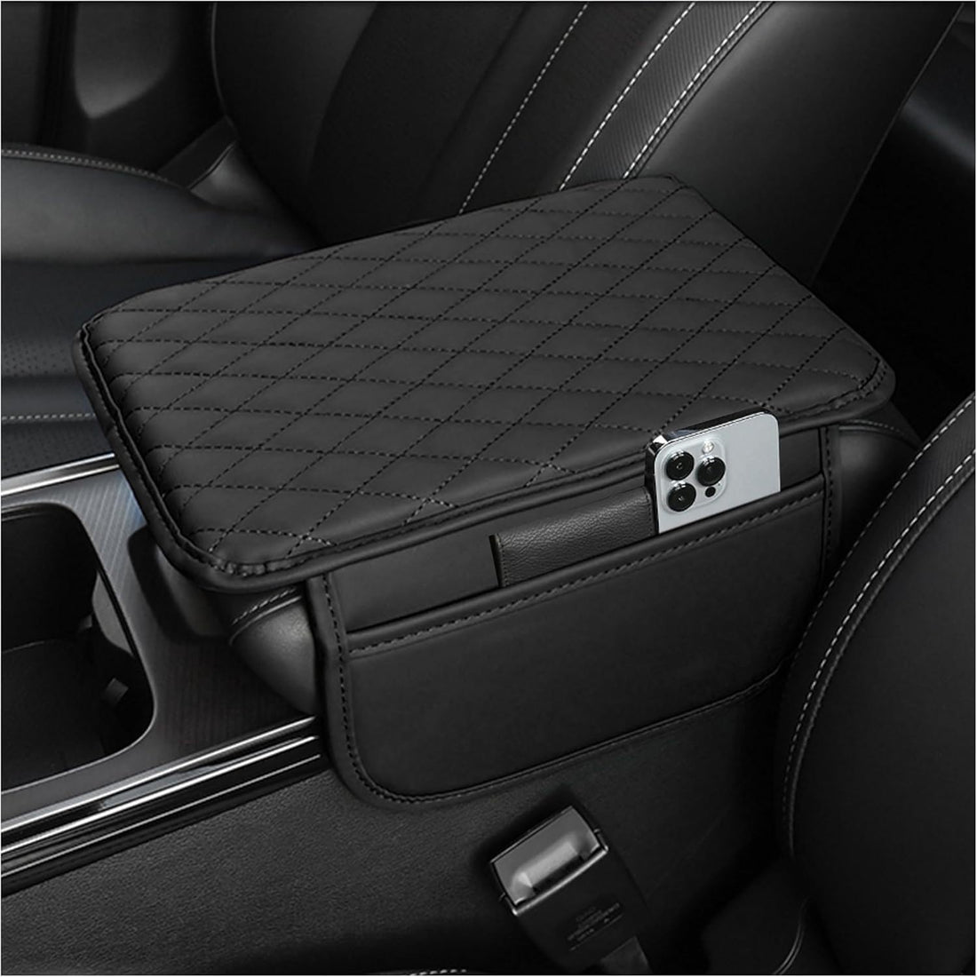 Stacool Upgraded Car Center Console Cover,Microfiber Leather Car Armrest Cover Cushion with 2 Storage Bags,Car Armrest Storage Box Interior Accessories for Most Vehicles (Black)
