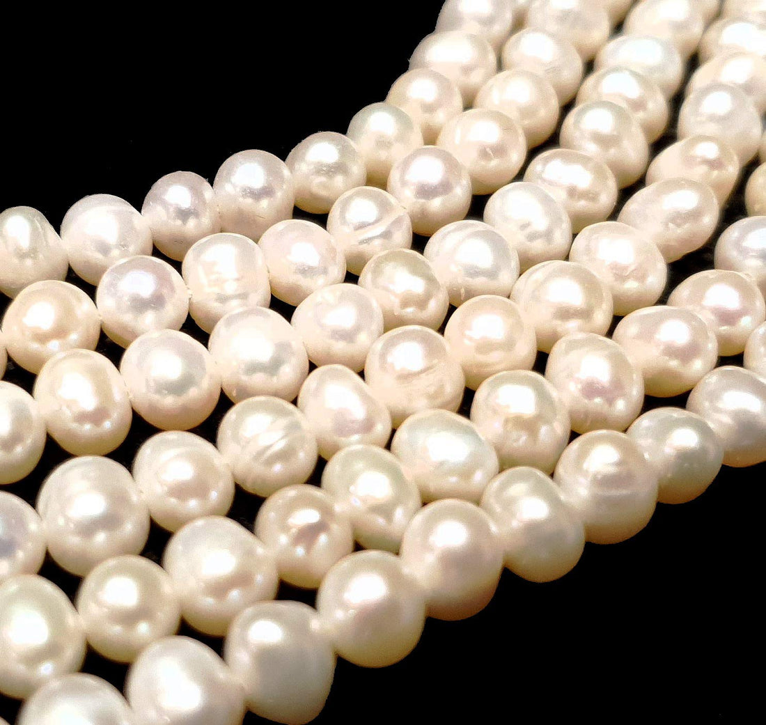 Perlin Pack of 25 Freshwater Pearls, Cultured Pearls, 6 mm, White, Rice Grain Natural Baroque Gemstone Pearls, Jewellery Pearls, for Threading, Pearl Beads, Gemstone D545